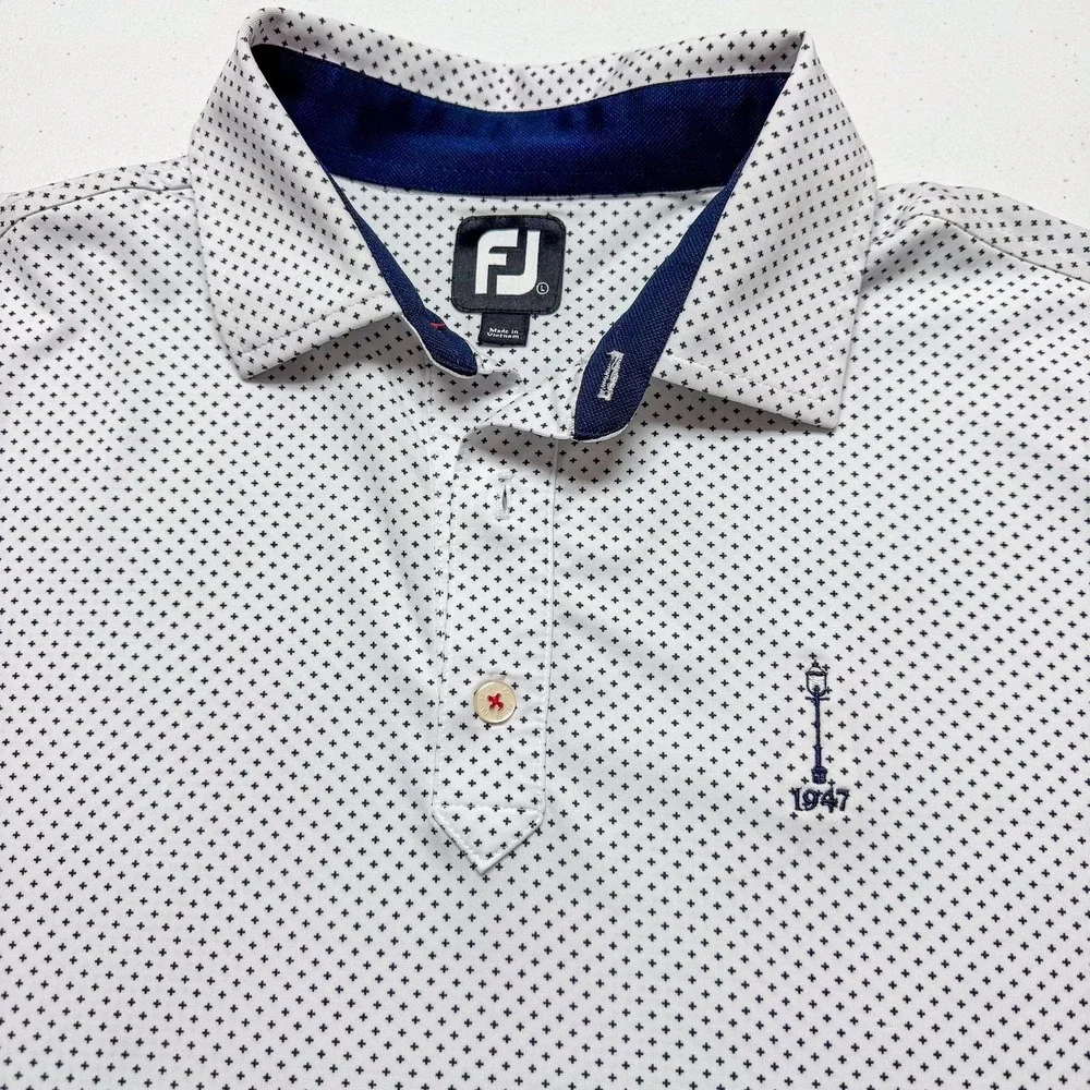 FootJoy Polo Shirt Mens Large White Micro Print‎ 1947 Lamp Post Golf Stretch Top